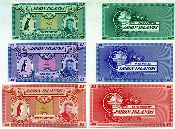 ОСТРОВА ЯСОНА НАБОР ИЗ 5 БАНКНОТ 1979 (50 ПЕНСОВ, 1, 5, 10,20 ФУНТОВ) JASON ISLANDS, ОСТРОВА В АРХИПЕЛАГЕ ФОЛКЛЕНДСКИХ ОСТРОВОВ бумага UNC (ПРЕСС) 7146-40-2-1