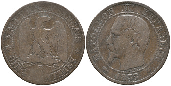 Франция 5 сантимов 1855 BB, Наполеон III (1852-1870) KM 777.3, LE FRANC 116.20 бронза 34-434