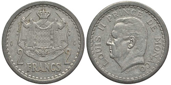 Монако 2 франка 1943 Луи II (1922-1949) KM 121 алюминий 114-511