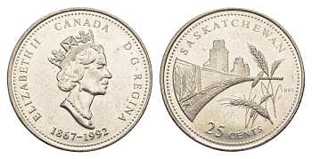 Канада 25 центов 1992 125 лет Конфедерации Канада - Саскачеван KM 223 никель UNC 4637-914