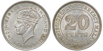 Британская Малайя 20 центов 1939 Георг VI (1937-1952) KM 5 серебро 53-331