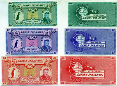 ОСТРОВА ЯСОНА НАБОР ИЗ 5 БАНКНОТ 1979 (50 ПЕНСОВ, 1, 5, 10,20 ФУНТОВ) JASON ISLANDS, ОСТРОВА В АРХИПЕЛАГЕ ФОЛКЛЕНДСКИХ ОСТРОВОВ бумага UNC (ПРЕСС) 7146-40-2-1