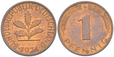 ФРГ 1 ПФЕННИГ 1974 G KM 105, J. 380 сталь плакированная медью 4181-613