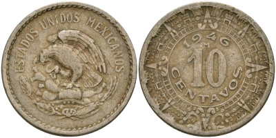 Мексика 10 сентаво 1946 KM 432 медно-никель 4135-342