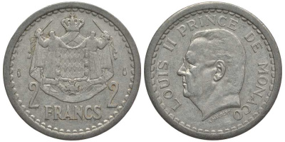 Монако 2 франка 1943 Луи II (1922-1949) KM 121 алюминий 114-511