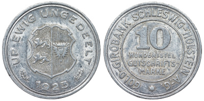 Германия 10 марок 1923 Шлезвиг-Гольдштейн алюминий 4123-115