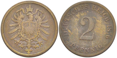 ГЕРМАНИЯ 2 ПФЕННИГА 1876 G, СТАРОГЕРБОВКА KM 2, J. 2, Weege 3 медь 212-636