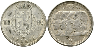 Бельгия 100 франков 1951 Belgie, королевская династия KM 139.1 серебро 1526-1313