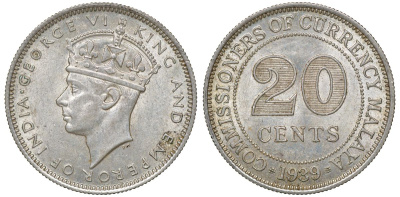 Британская Малайя 20 центов 1939 Георг VI (1937-1952) KM 5 серебро 53-331