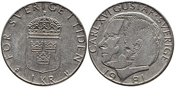 Швеция 1 крона 1981 Карл XVI Густав (1973- ) KM 852 медь плакированная медно-никелем 4397-1034