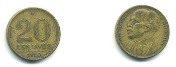 Бразилия 20 сентаво 1950 Руй Барбоза ди Оливейра KM 562, Schon 66 алюминиевая бронза 89-1312