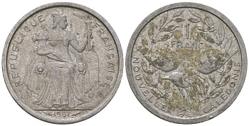 Французская Новая Каледония 1 франк 1981 птица кагу, (IEOM) KM 10, Schoen 10, Lec 44 алюминий    51-1124