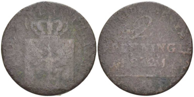ПРУССИЯ 2 ПФЕННИГА 1821 ФРИДРИХ ВИЛЬГЕЛЬМ III (1797-1840) KM 406 медь 3309-328