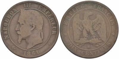 Франция 10 сантимов 1861 BB, Наполеон III (1852-1870) KM 798.2, Le Franc 134.3 бронза    4680-644