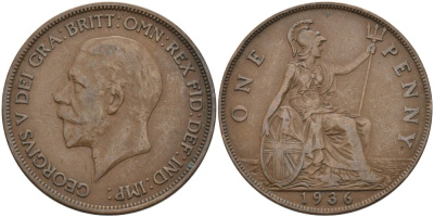Великобритания 1 пенни 1936 Георг V (1910-1936) KM 838, Spink 4055 бронза 3333-1116