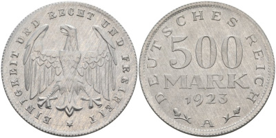 Германия 500 марок 1923 А KM 36, J.305 алюминий UNC 4574-842