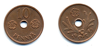 ФИНЛЯНДИЯ 10 ПЕННИ 1943 KM 33.1 медь 51-5041