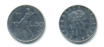 ИТАЛИЯ 50 ЛИР 1977 R, БОГ ОГНЯ ВУЛКАН У НАКОВАЛЬНИ KM 95.1 нержавеющая сталь 3999-1252