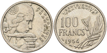 Франция 100 франков 1954 KM 919.1, Le Franc 450.2 медно-никель 4606-724