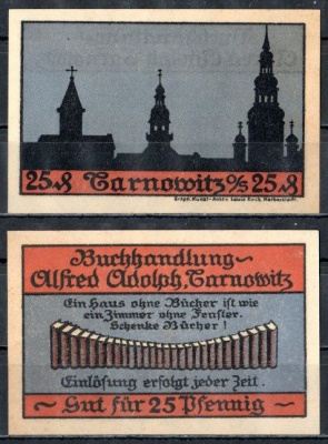 Тарновиц (Силезия) 25 пфеннигов 1921 Книжный магазин Альфреда Адольфа DeNG 1/2 1311.1a-3 бумага UNC (пресс) 7555-16-1-2
