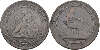 Испания 10 сентимо 1870 ОМ, лев со щитом KM 663 (Y54) медь 4572-526