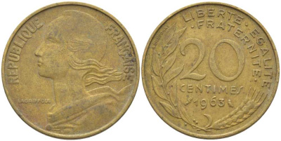 ФРАНЦИЯ 20 САНТИМОВ 1963 ТИП MARIANNE KM 930, LE FRANC 156.3 медь алюминий никель 175-812