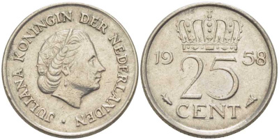 НИДЕРЛАНДЫ 25 ЦЕНТОВ 1958 ЮЛИАНА (1948-1980) KM 183 никель 214-927