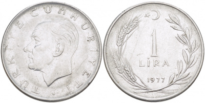 Турция 1 лира 1977 Мустафа Кемаль Ататюрк KM 889а.2 нержавеющая сталь 212-1235