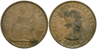 Великобритания 1 пенни 1964 Елизавета II (1952-2022) KM 897, Spink 4157 бронза 4120-341