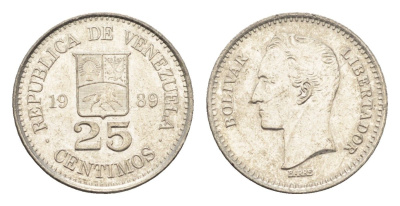 Венесуэла 25 сентимо 1989 Симон Боливар Y 50a сталь плакированная никелем 4664-218