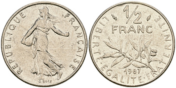 Франция 1/2 франка 1987 сеятель KM 931.1 никель 25-1213
