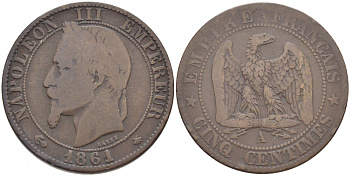 ФРАНЦИЯ 5 САНТИМОВ 1861 A, НАПОЛЕОН III (1852-1870) KM 797.1, LE FRANC 117.2 бронза 4448-122