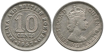 Малайя и Британское Борнео 10 центов 1957 KN, Елизавета II (1952-2022) KM 2 медно-никель 4549-638