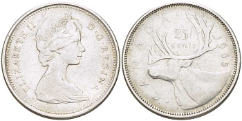 Канада 25 центов 1965 Елизавета II (1952-2022), олень KM 62 серебро 4448-1013