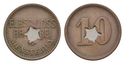 Нинштедтен, Пивоварня Эльбшлосс 10 пфеннигов ND Men05 18876.4, Men18 23618.4 латунь 4636-1257