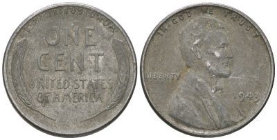 США 1 цент 1943 Авраам Линкольн KM 132 a сталь покрытая цинком 54-817