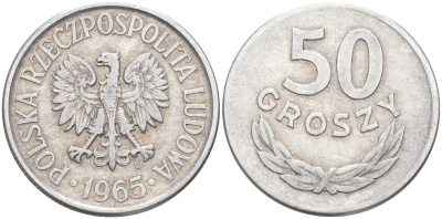 Польша 50 грошей 1965 MW KM 48.1, Parchimowicz 210b алюминий 190-435