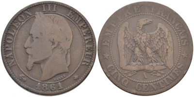 ФРАНЦИЯ 5 САНТИМОВ 1861 A, НАПОЛЕОН III (1852-1870) KM 797.1, LE FRANC 117.2 бронза 4448-122