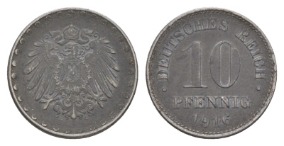 Германия 10 пфеннигов 1916 A, Вильгельм II (1888-1918) KM 20, J. 298 железо 4644-1217