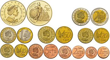 Великобритания набор европробников из 9 монет 2002 в оригинальной коробке, с сертификатом PROOF 3-4-4-31