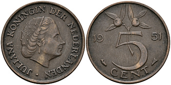 НИДЕРЛАНДЫ 5 ЦЕНТОВ 1951 ЮЛИАНА KM 181 бронза 95-244