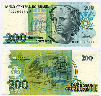 Бразилия 200 крузейро 1990 ПОДПИСЬ 28 Pick 229 бумага UNC (пресс) 8611-39-1-1