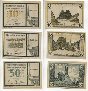 АВСТРИЯ НАБОР ИЗ 3 БАНКНОТ 1920 НОТГЕЛЬД, 10, 20, 50 ГЕЛЛЕРОВ, MARKT OBERNEUKIRCHEN бумага aUNC 6278-61-1