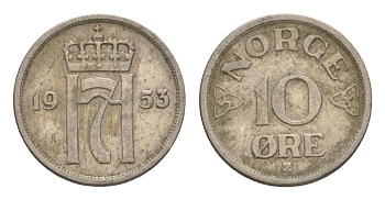 Норвегия 10 эре 1953 Хокон VII (1905-1957) KM 396 медно-никель 4632-1141