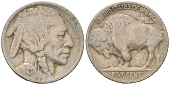 США 5 центов 1920 индеец, бизон KM 134 медно-никель 4614-1039