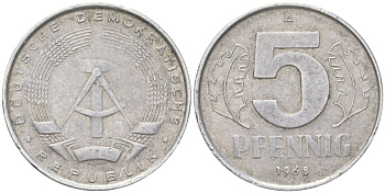 ГДР 5 пфеннигов 1968 A KM 9.1 алюминий 4613-944
