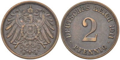 ГЕРМАНИЯ 2 ПФЕННИГА 1911 E KM 16, J. 11 медь 175-246