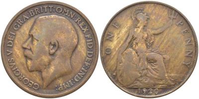 Великобритания 1 пенни 1920 Георг V (1910-1936) KM 810, Spink 4051 бронза 115-143