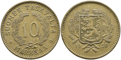 Финляндия 10 марок 1928 S KM 63 алюминиевая бронза 4388-1054