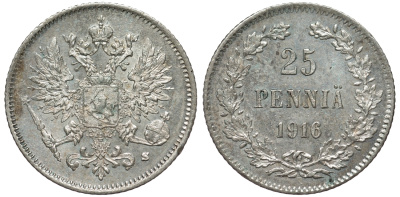 Россия для Финляндии 25 пенни 1916 S, Николай II (1894-1917) KM 6.2, Биткин 421 серебро 75-1353
